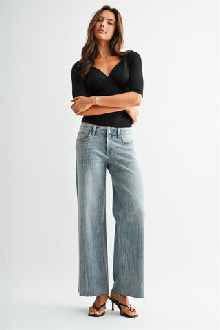 Mica Denim wide-leg light wash jeans with allover rhinestone stripe embellishment