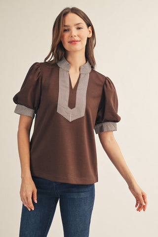 Brown puff sleeve top with striped contrast bib collar and cuff trim