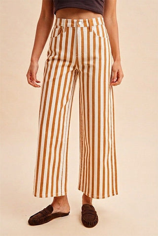High-rise wide-leg cropped pants with bold tan and white vertical stripes