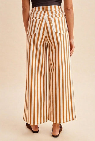 AnnieWear wide-leg pants in caramel and white vertical stripes with back pockets