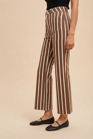 Brown and white wide-leg striped cropped pants with raw hem detail