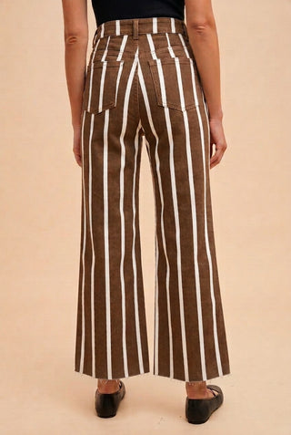 Brown and white striped wide-leg jeans with raw hem, back view