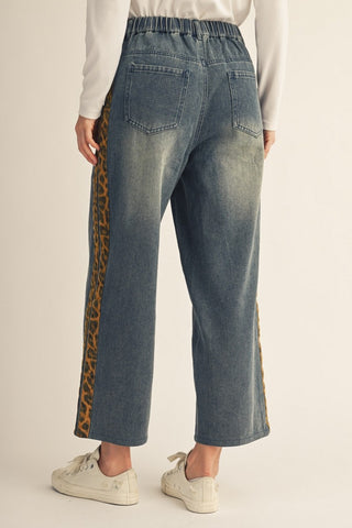 Catwalk Cutie wide-leg jeans with leopard print side stripe, medium wash denim