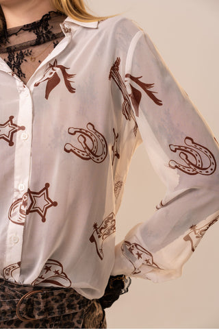 Blue B white chiffon blouse with brown western cowboy print long sleeves