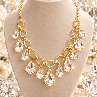 Gold chain statement necklace with clear crystal teardrop pendant charms on display bust