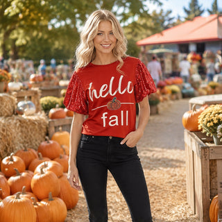 Red hello fall graphic tee with red sequin flutter sleeves at pumpkin patch