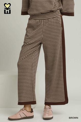 Brown gingham wide-leg pants with solid brown side stripe and hem trim