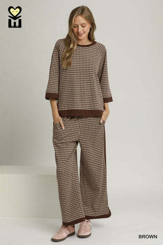 Brown gingham two-piece set with pullover top and wide-leg pants with ribbed trim