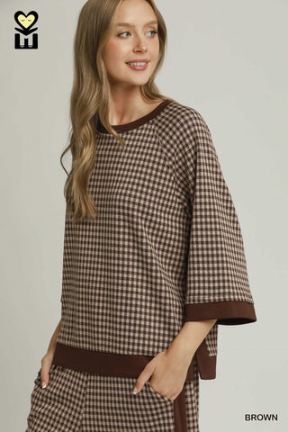 Brown gingham check 3/4 sleeve top with contrast ribbed trim, matching set