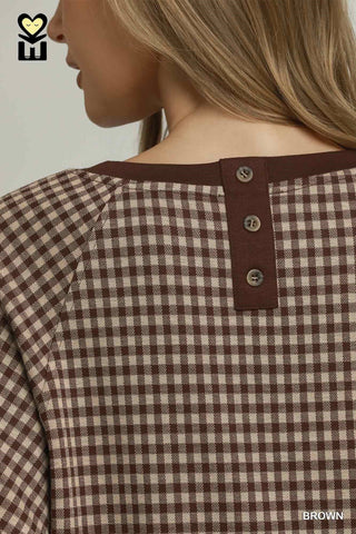 Brown gingham checkered top with button placket detail at back neckline