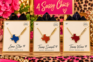Gold-dipped Texas state pendant necklaces in blue, orange, and red druzy glitter