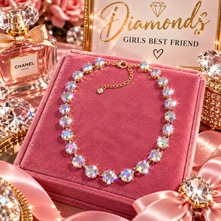 Iridescent crystal choker necklace in gold-tone prong settings on pink velvet jewelry box
