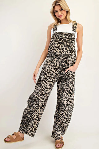 EE:SOME leopard print wide-leg denim overalls with adjustable straps and front pockets