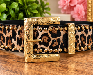 Ella Langley leopard print wide belt with gold studded edges and square buckle
