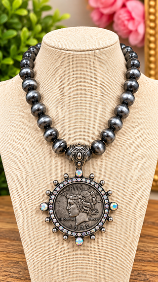 Gray pearl beaded statement necklace with 1922 Peace Dollar coin pendant and iridescent rhinestones