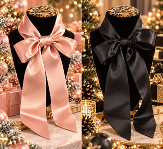 Oversized satin bow neck tie in blush pink and black with long pointed tails