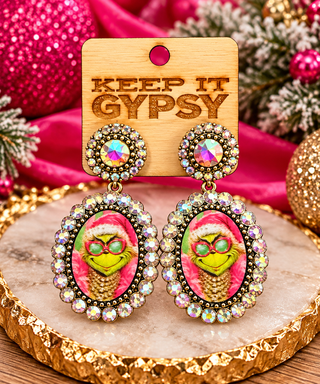Grinch cameo drop earrings with aurora borealis rhinestone border on gold setting