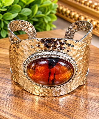 Wide hammered gold cuff bracelet with oversized oval amber cabochon stone and rope bezel