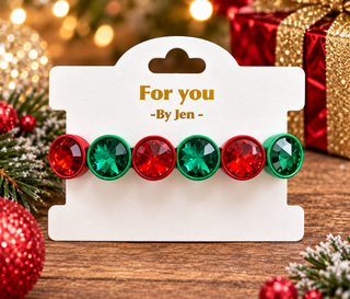 Red and green crystal gem stretch bracelet on festive holiday display card