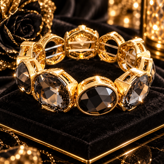 Gold-tone bracelet with large faceted smoky black oval crystals on black velvet