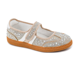 Rhinestone-covered Mary Jane flat sneaker with velcro strap and gum sole