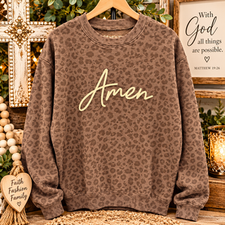 Brown leopard print pullover sweatshirt with cream cursive Amen graphic on chest