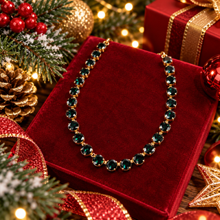 Gold-toned collar necklace with graduated emerald green faceted stones on red velvet box
