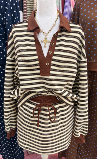 Cream and brown striped two-piece polo pullover top and drawstring mini skirt set