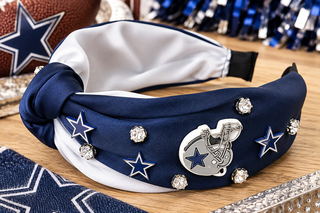 Navy knotted headband with Dallas Cowboys star charms, helmet medallion, and crystal rhinestones