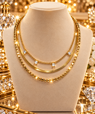 Gold layered triple chain necklace with crystal square charms on display bust