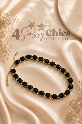 Black cushion-cut stone gold-tone bezel choker necklace with adjustable extender chain