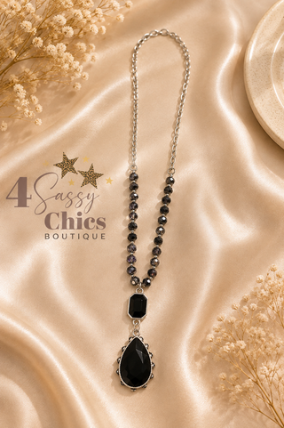Black crystal beaded silver chain necklace with black teardrop gemstone pendant