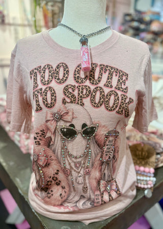 Pink Halloween graphic tee with leopard print Too Cute To Spook text and glam ghost design