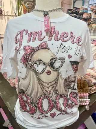 White Halloween graphic tee with glamorous ghost, rhinestone embellishments, pink glitter lettering