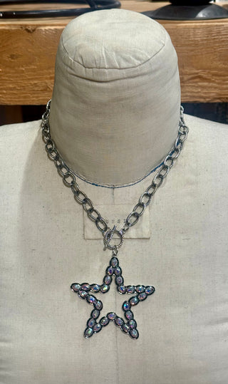 Silver chunky chain necklace with iridescent rhinestone open star pendant