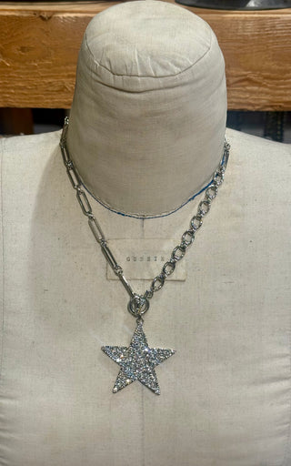 Silver mixed chain necklace with large pavé crystal star pendant on mannequin