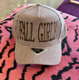 Brown and white pinstripe baseball cap with bold Fall Girly embroidered lettering