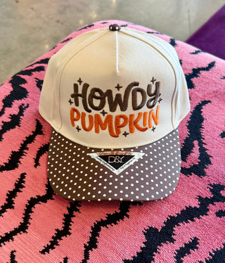 Cream snapback cap with brown polka dot brim and embroidered Howdy Pumpkin text