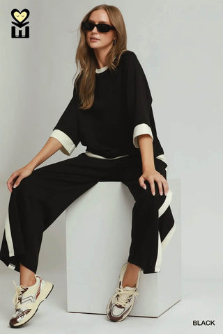Black and white contrast trim oversized dolman top and wide-leg pants set