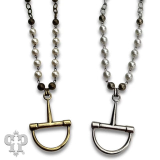 Pearl beaded necklaces with equestrian snaffle bit pendants in bronze and silver tones
