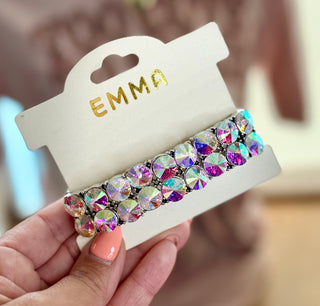 Iridescent AB crystal rhinestone stretch bracelet on white Emma jewelry card