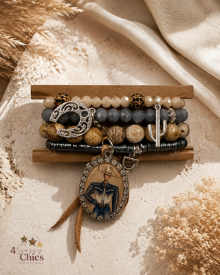 Western bracelet stack with crystal beads, stone, cactus charm, and cowgirl cameo pendant