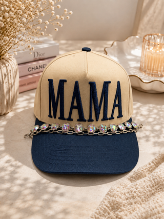 Khaki navy baseball cap with MAMA embroidery and iridescent gem silver chain brim charm
