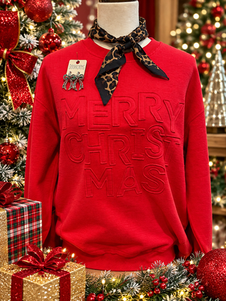 Red Merry Christmas embossed tone-on-tone pullover sweatshirt with crew neckline