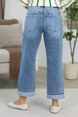 Cuff It Girl light wash wide-leg cropped jeans with cuffed hem, back view