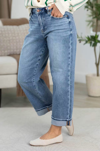 Cuff It Girl light wash wide-leg cuffed jeans with high rise and straight fit