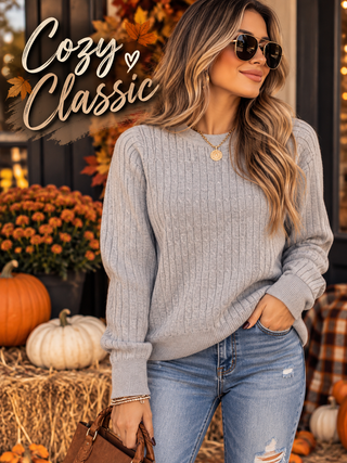 Women's gray cable-knit crew neck pullover sweater with ribbed cuffs and cropped fit