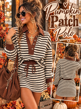 Cozy Chic striped cream and brown polo romper with drawstring waist and snap collar