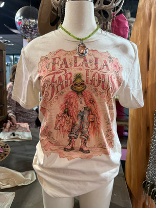White graphic tee with pink Fa La La Fabulous Grinch vintage holiday print
