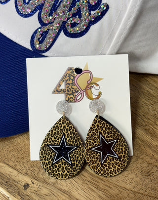 Leopard print teardrop earrings with navy star detail and silver glitter stud posts